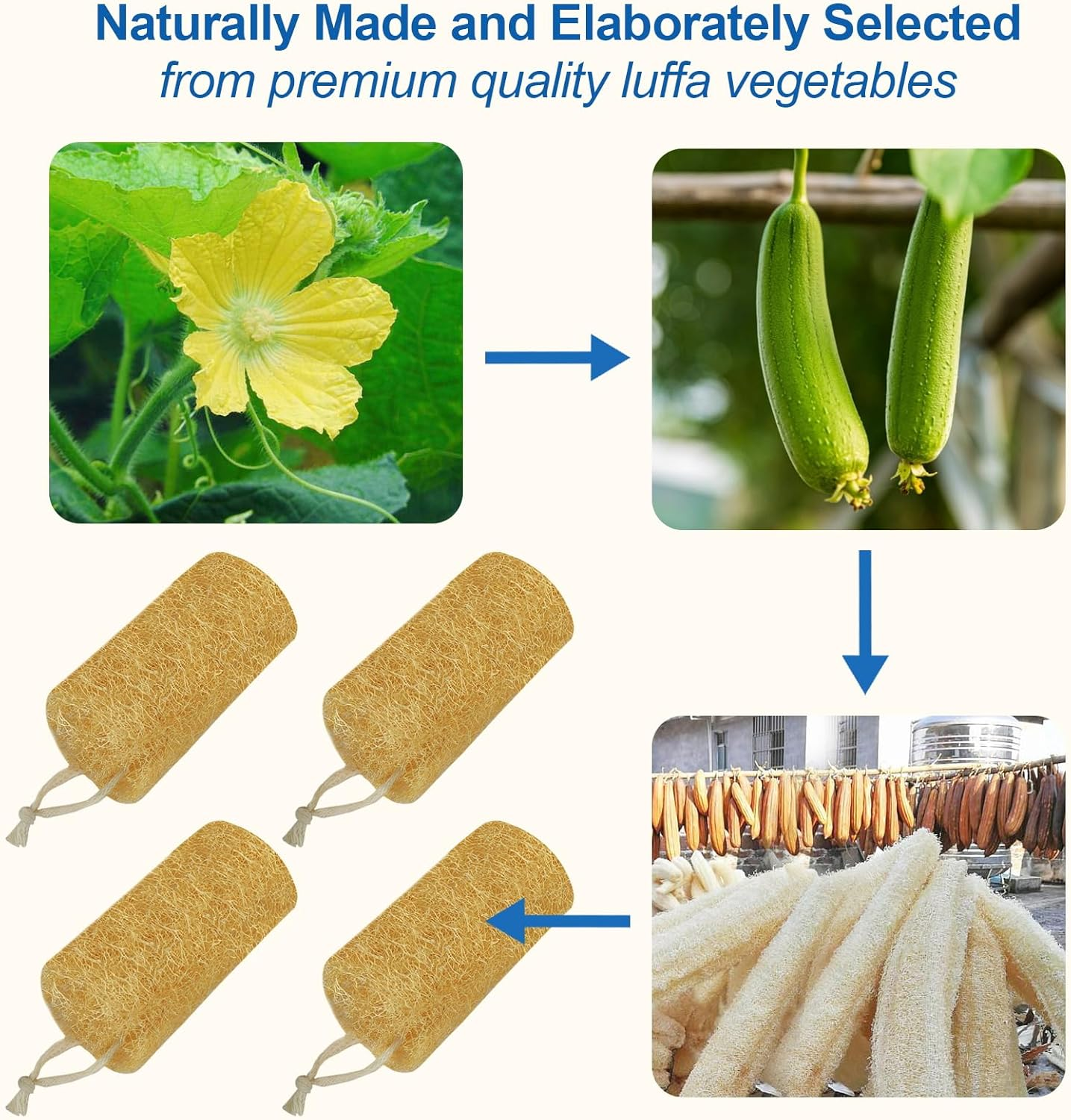 Natural Loofah Sponge (4 Packs), 6&ldquo; Natural Loofah Exfoliating Body Scrubber Egyptian Loofa Eco 100% All Natural Luffa Cleaning for Men Women Deep Clean Skin image number 5