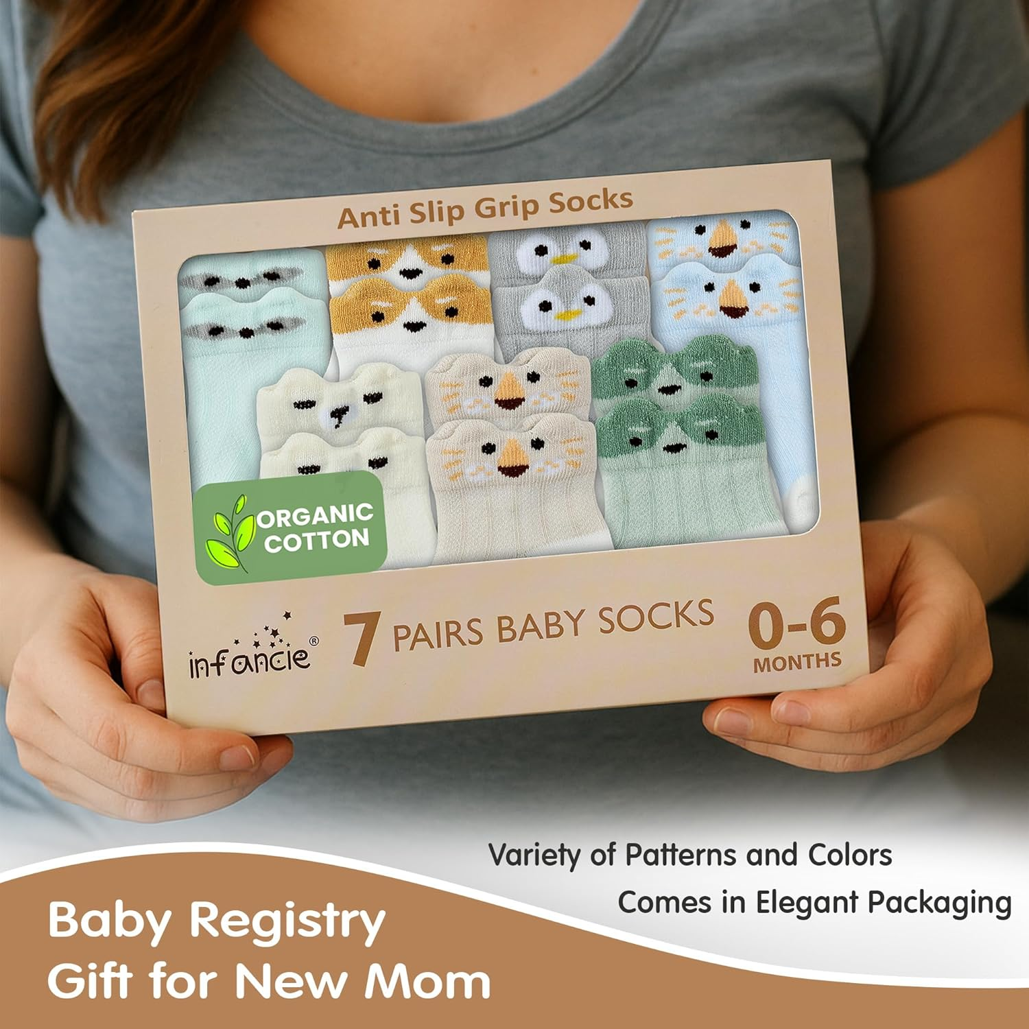 Organic Baby Grip Socks 7-Pack &ndash; Non-Slip Cotton Ankle Socks with Cute Animal Prints for Boys & Girls, Warm Slipper Socks