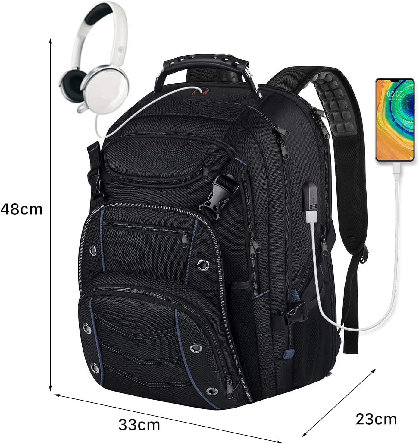 18.4 Inch Travel Backpack, USOR 55L Large Laptop Backpack for Men and Women with USB Charge Port and YKK Zippers, Heavy Duty Sport Bag, TSA Friendly RFID anti Theft Pocket Durable School Backack