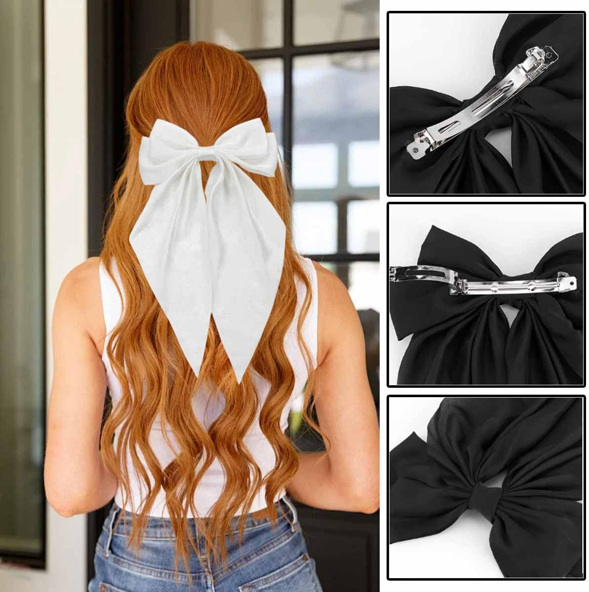 4 PCS Hair Bows for Women Girls Oversized Bow Hair Clips Black White Long Tail Hair Ribbon Metal Spring Clips Vintage Silky Satin Barrettes Ponytail Headdress French Large Bowknot Hair Accessories image number 4