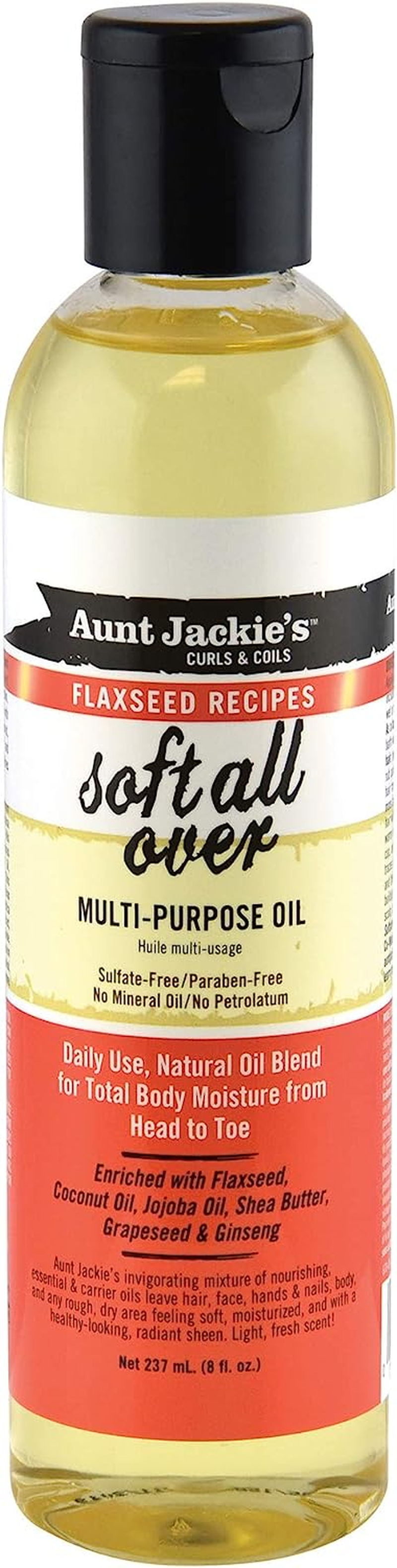 Aunt Jackie'S Flaxseed Recipes Soft All Over, Multi-Use Oil for Hair and Body, Enriched with Flaxseed, Avocado, Coconut Oil and Marshmallow Root, 8 Ounce Bottle