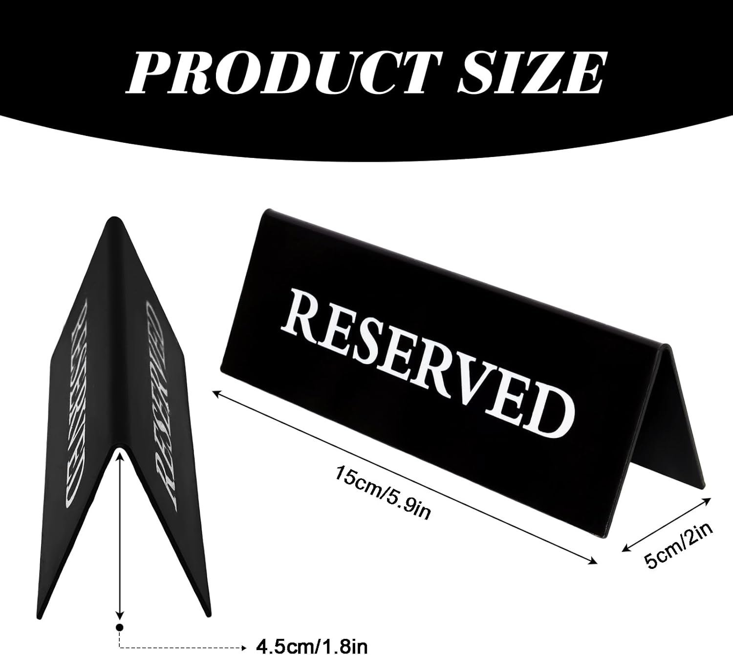 6 Pieces Plastic Reserved Table Sign for Wedding 5.9 X 2 Inches Acrylic Double Side Table Tent Black Guest Reserve Seating Signs Reservation Tables Seat Sign for Restaurant Chairs Wedding (Black, 5.9*2 Inches) image number 2