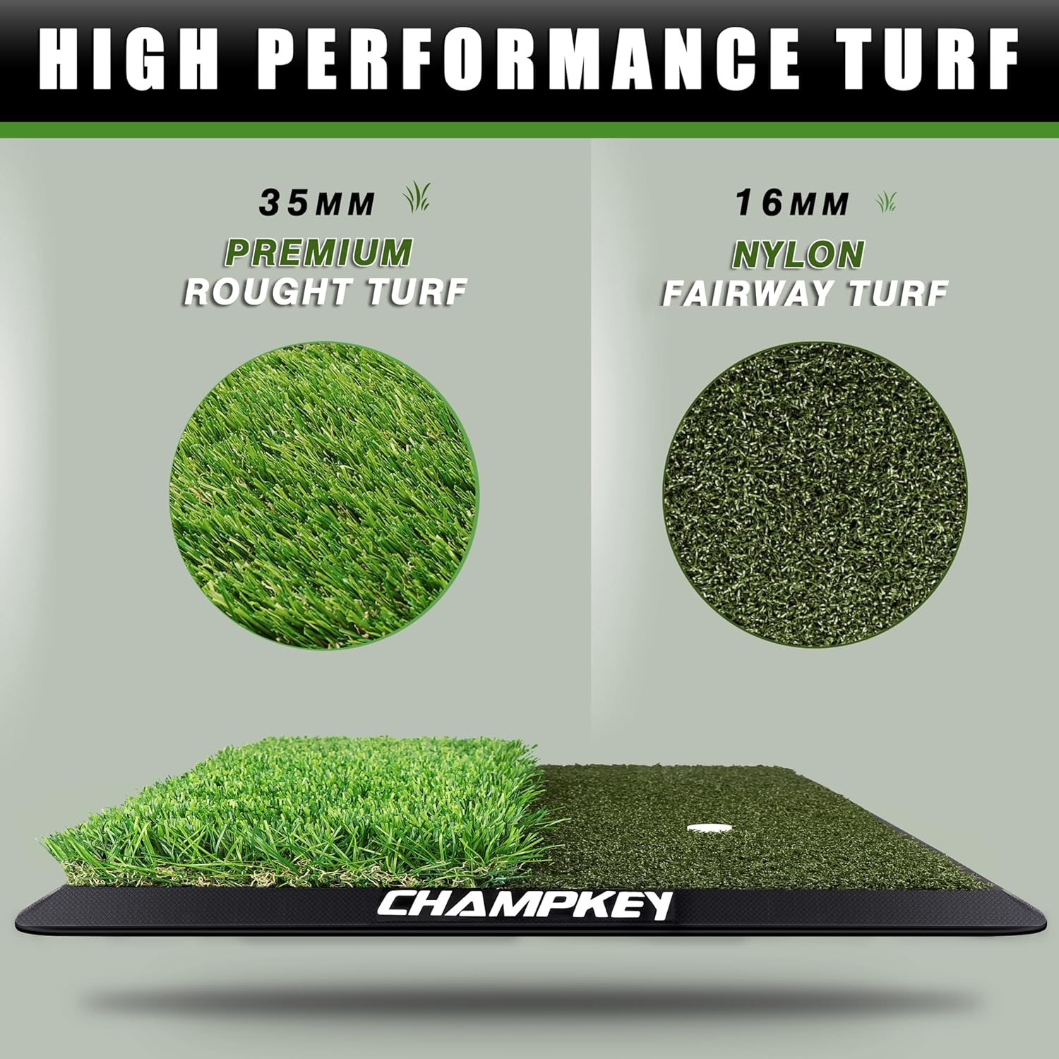 CHAMPKEY Dual-Turf Golf Hitting Mat | 9 Golf Tees & 1 Rubber Tee | Heavy Duty Rubber Backing Golf Practice Mat | Green Nylon Foldable Mat with 9 Holes image number 1