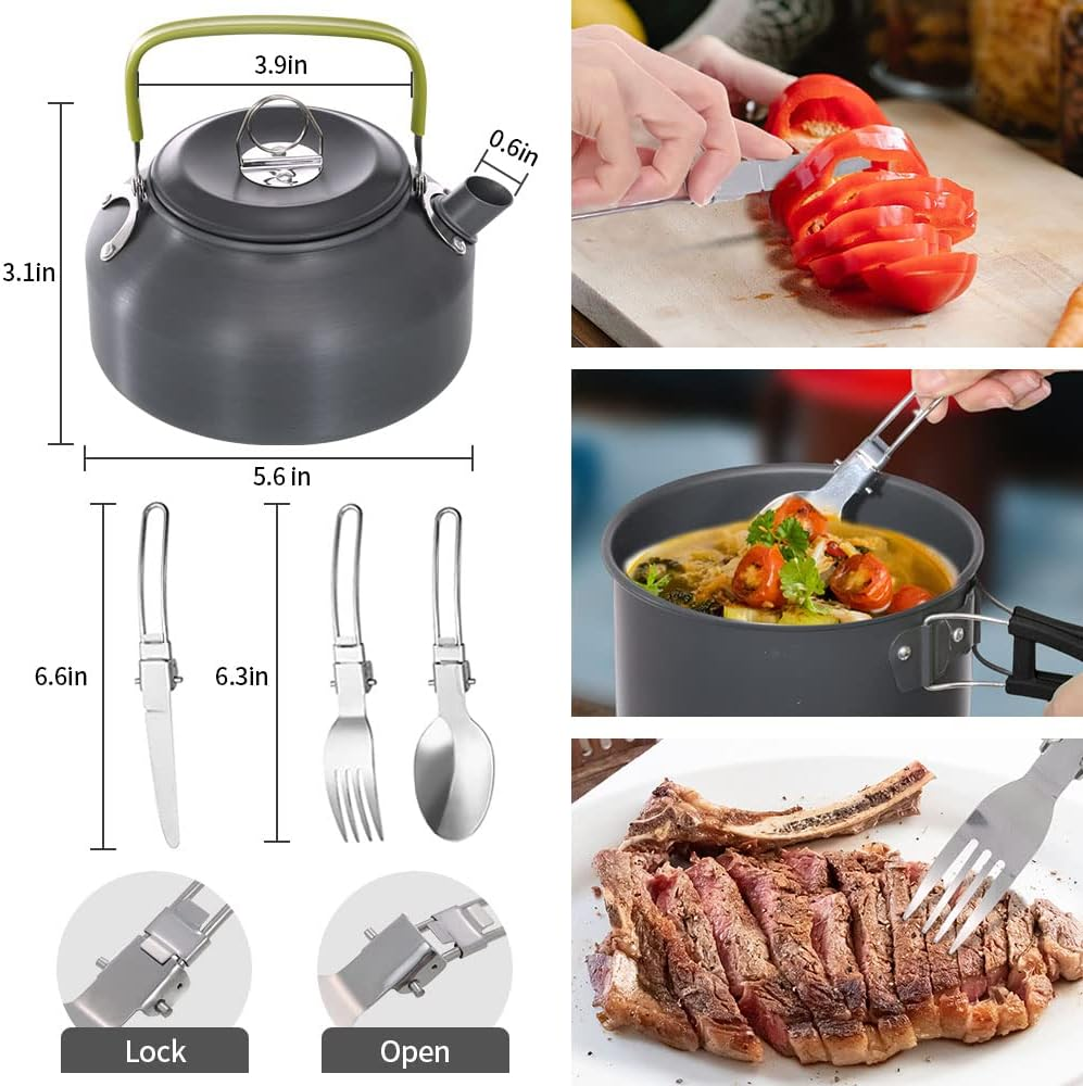 Aomiun Camping Cookware Kit, Non-Stick Pot Pan Kettle Set with Stainless Steel Cups Forks Knives Spoons for Picnic Hiking 1-2 People image number 5