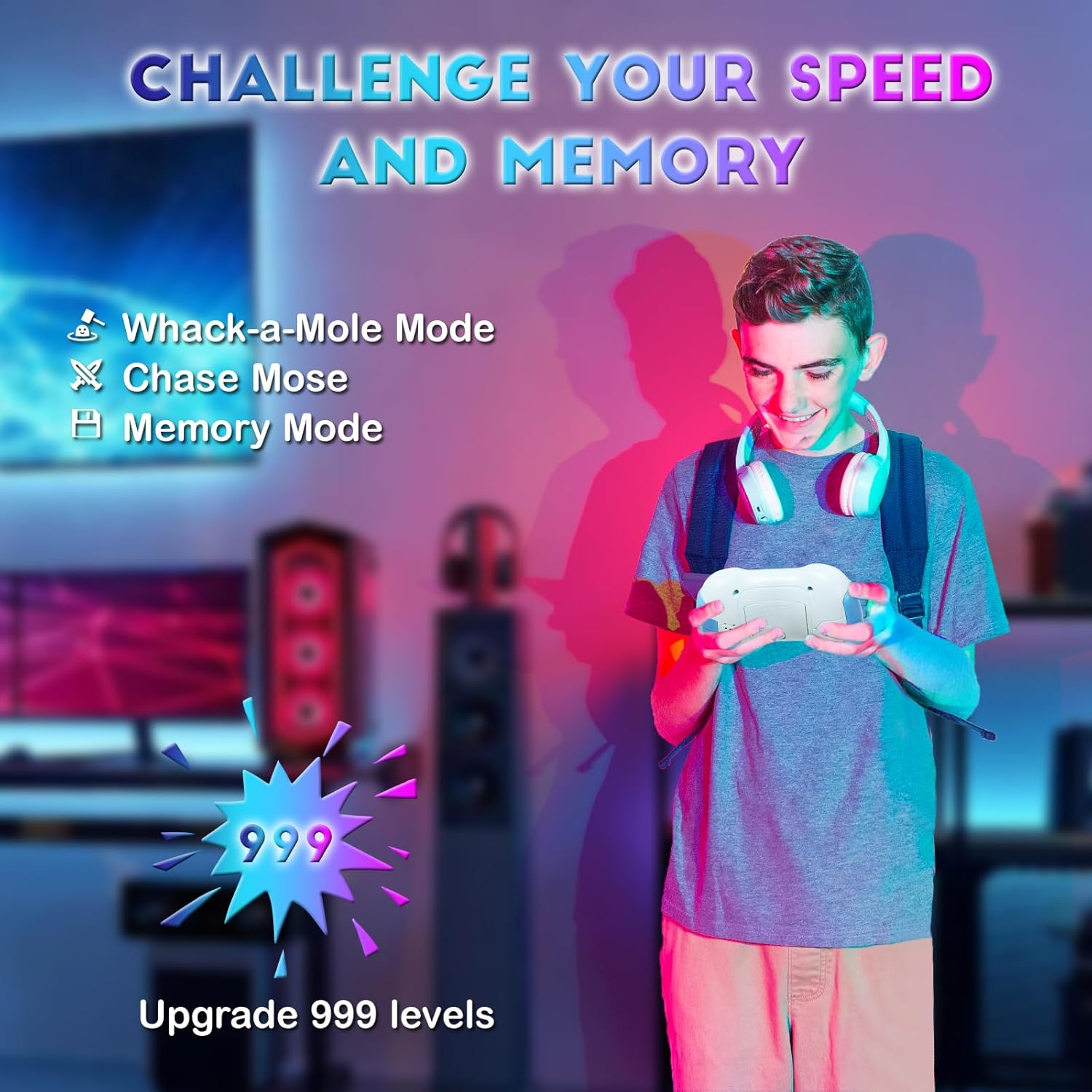 Fast Push Game Fidget Toys Handle, Flashing Handheld Game for Kids Teens Adults, Electronic Brain & Memory Game, Quick Push Buttons Gamepad, Xmas Birthday Gifts STEM Toys for Boys Girls (Grey - B) image number 3