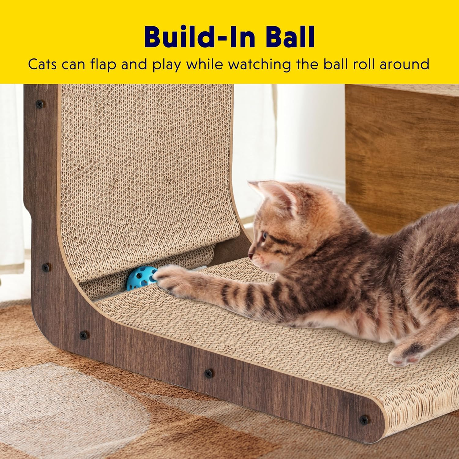 Cat Scratcher with Cat Toys Ball Track, Build-In Ball, L-Shaped Scratcher, Cardboard Lounge Bed, Stable and Durable, Furniture Protector, Reversible image number 1