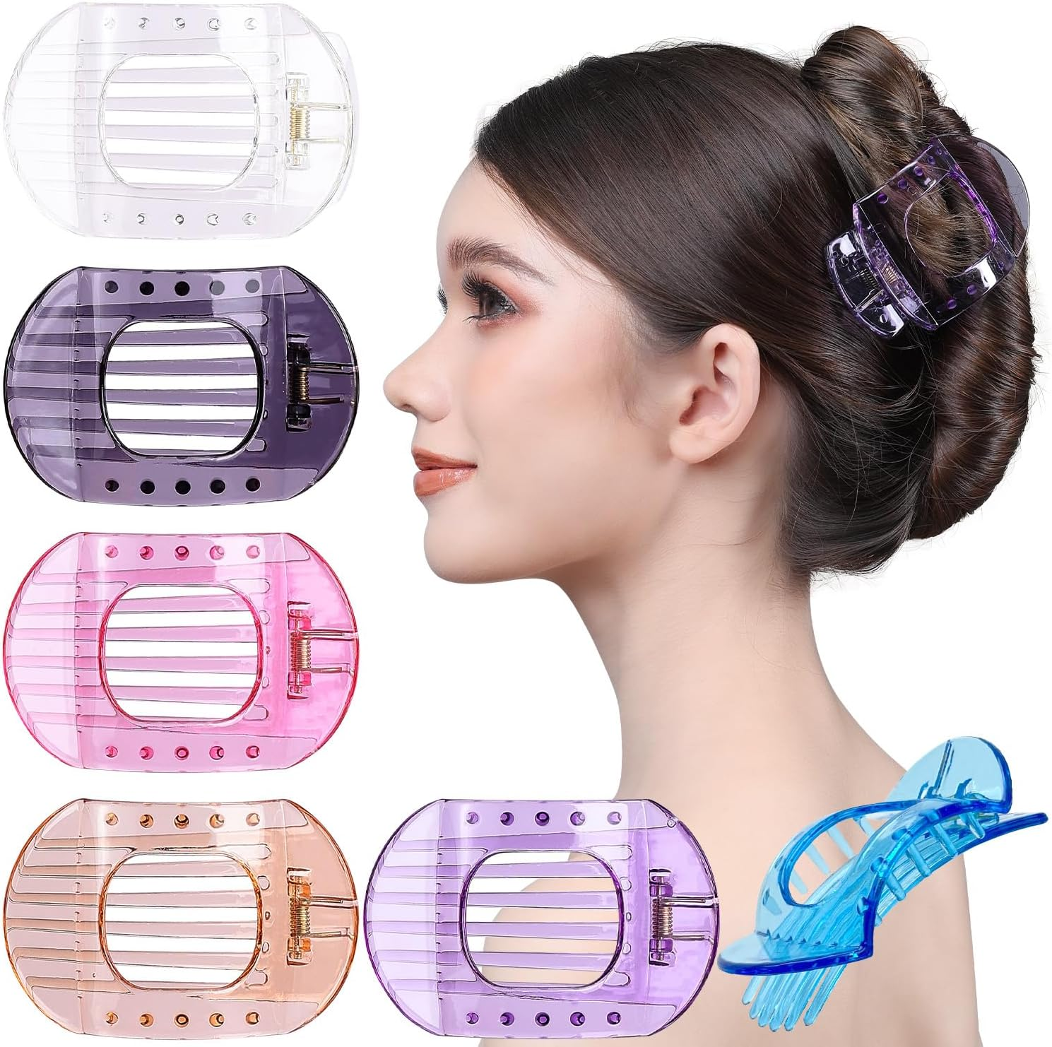 RC ROCHE 6 Pcs Flat Claw Hair Clips for Women Thick Hair French round Duckbill Square Secure Strong Hold Grip Clamps Barrettes Curved No Slip No Crease Plastic Styling Cute, Medium Transparent image number 2