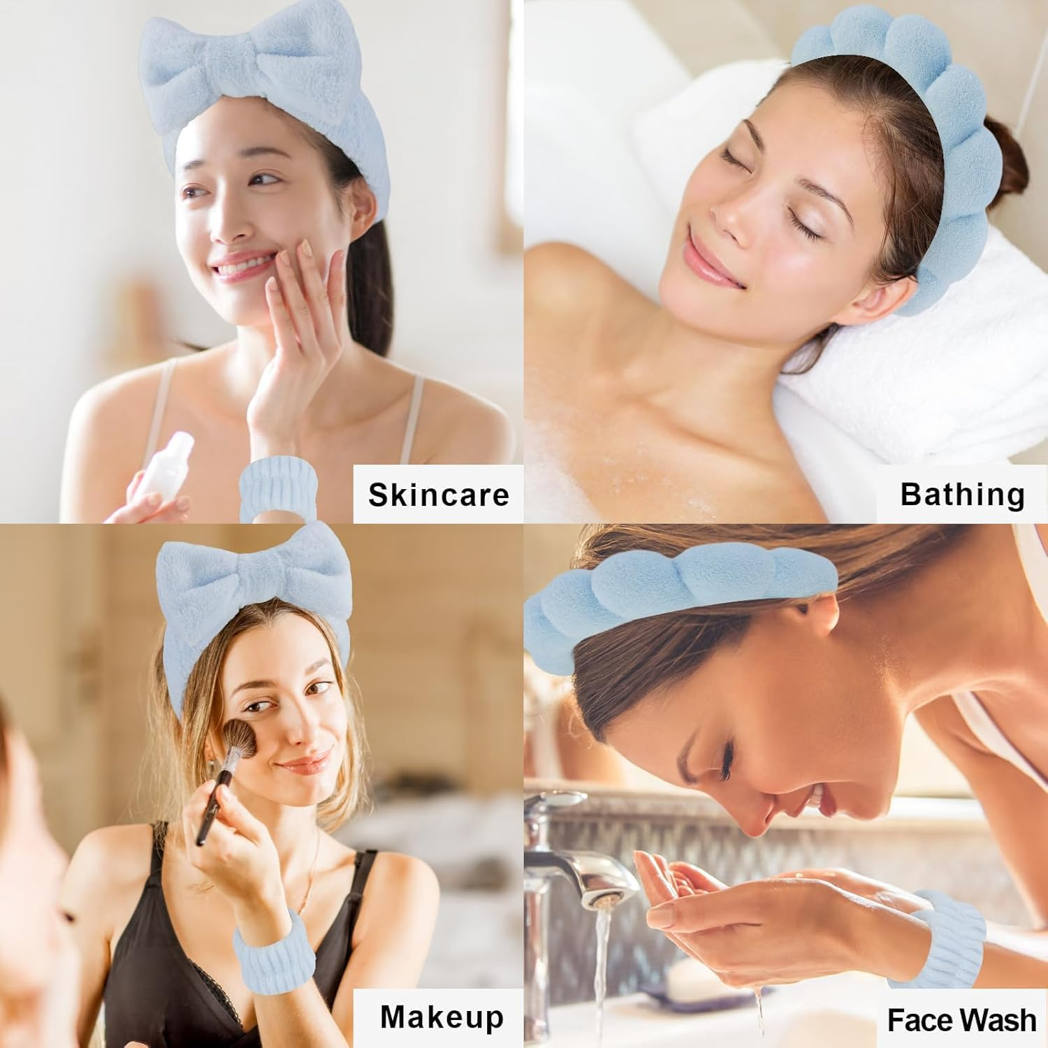Blue Spa Headband and Wristband Set for Skincare, Prevent Water Slipping and Keep Hair Away with 2 Styles (Blue) - Geiwogwc