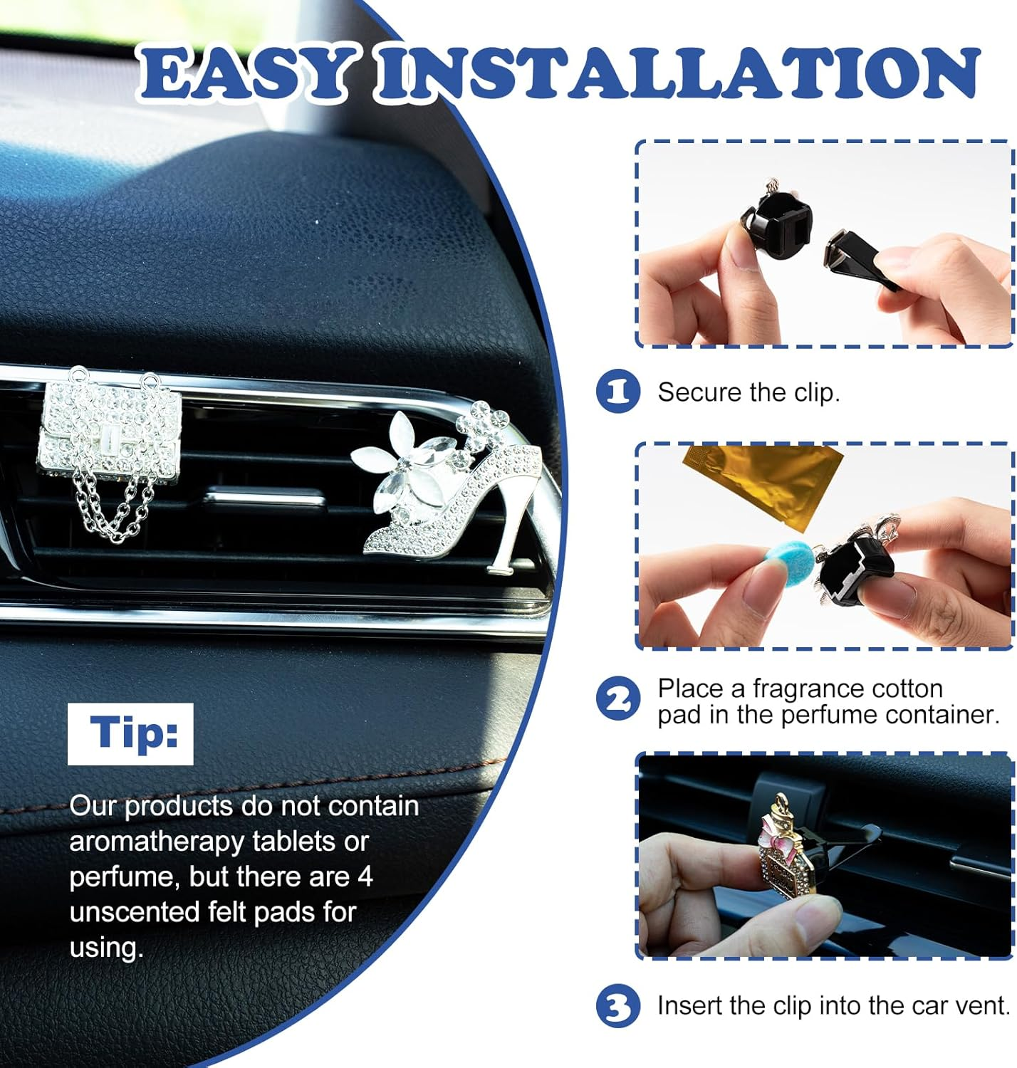 Rislobx 4PCS Bling Car Air Freshener Vent Clip, Crystal Diamond High Heel Shoe Bag Crown Perfume Bottle Car Diffuser Vent Clip Cute Car Bling Accessories Decoration for Women (Silver)