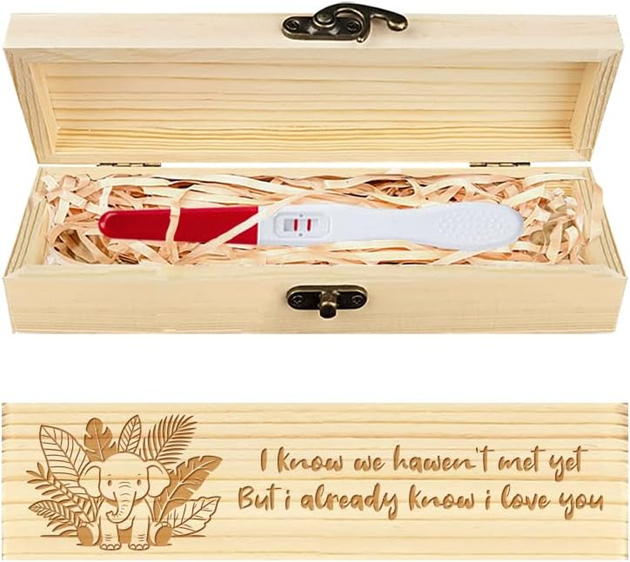 CHGCRAFT Pregnancy Test Keepsake Box Cartoon Elephant Leaves Wooden Pregnancy Announcement Gifts Box with Raffia Ribbon and Lock Announcement Gifts for Dad Husband, 8X2X1.2 Inch image number 6