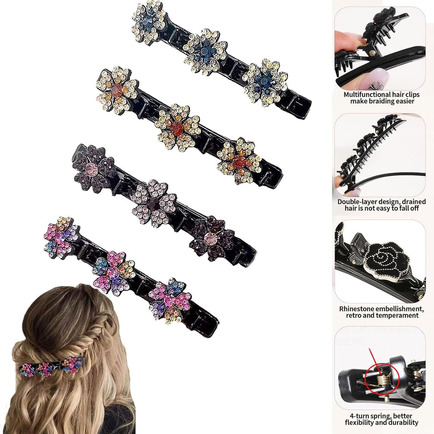 Pack of 4 Women'S Hair Clips, Crystal Hair Clips, Braided Rhinestone Hair Clips, Double Layer Hair Clips with 3 Small Clips for Women and Girls, Daily, Party, Wedding (Colour3) image number 3