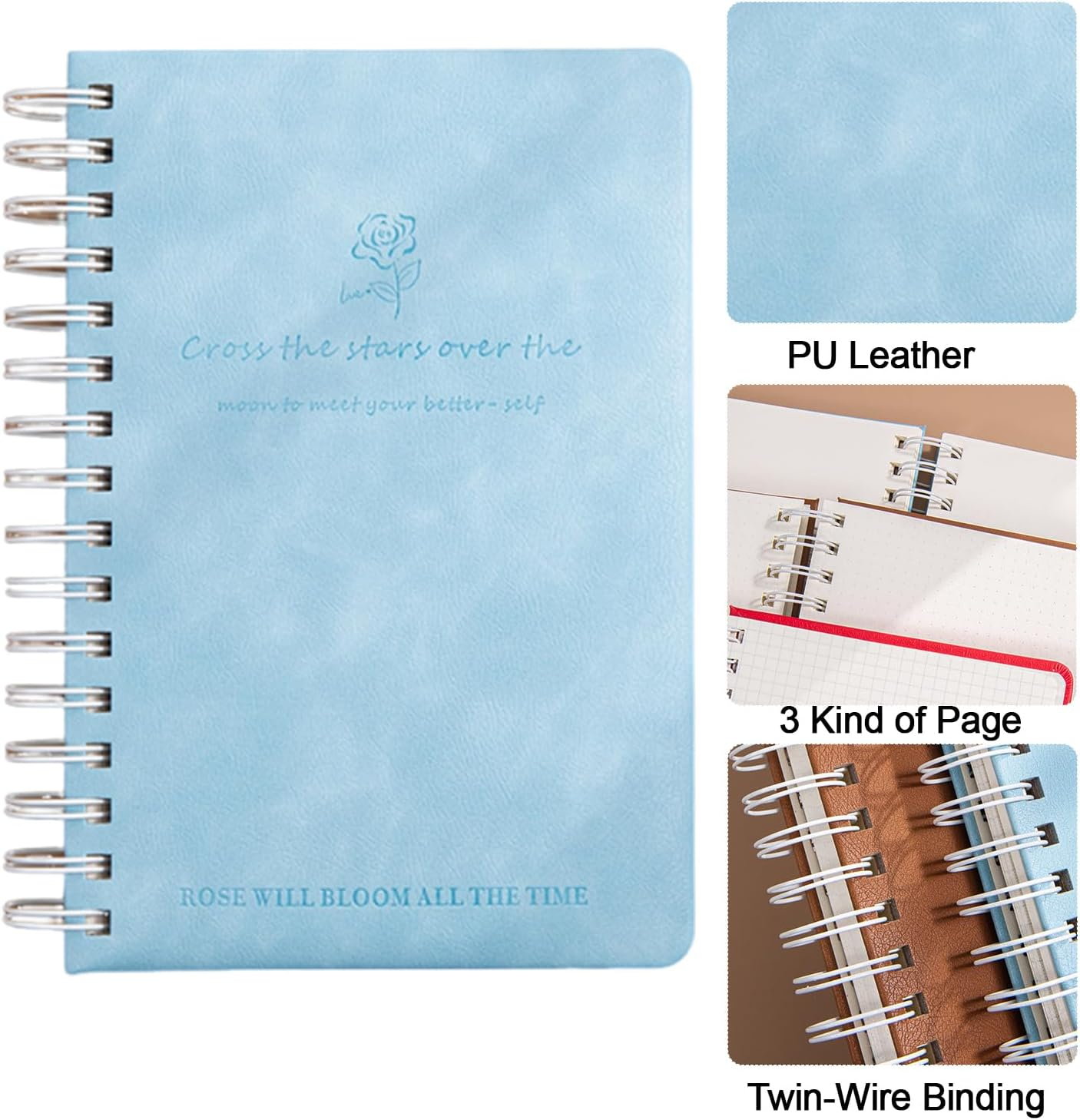 TUNJEJINY A5 Spiral Journal Notebook, 240 Pages Thick Paper with 100 GSM 3 in 1Blanks/Dotted/Grid Leather Hardcover for Women & Men Notepad,Writing for Office School Travel (Blue) image number 3