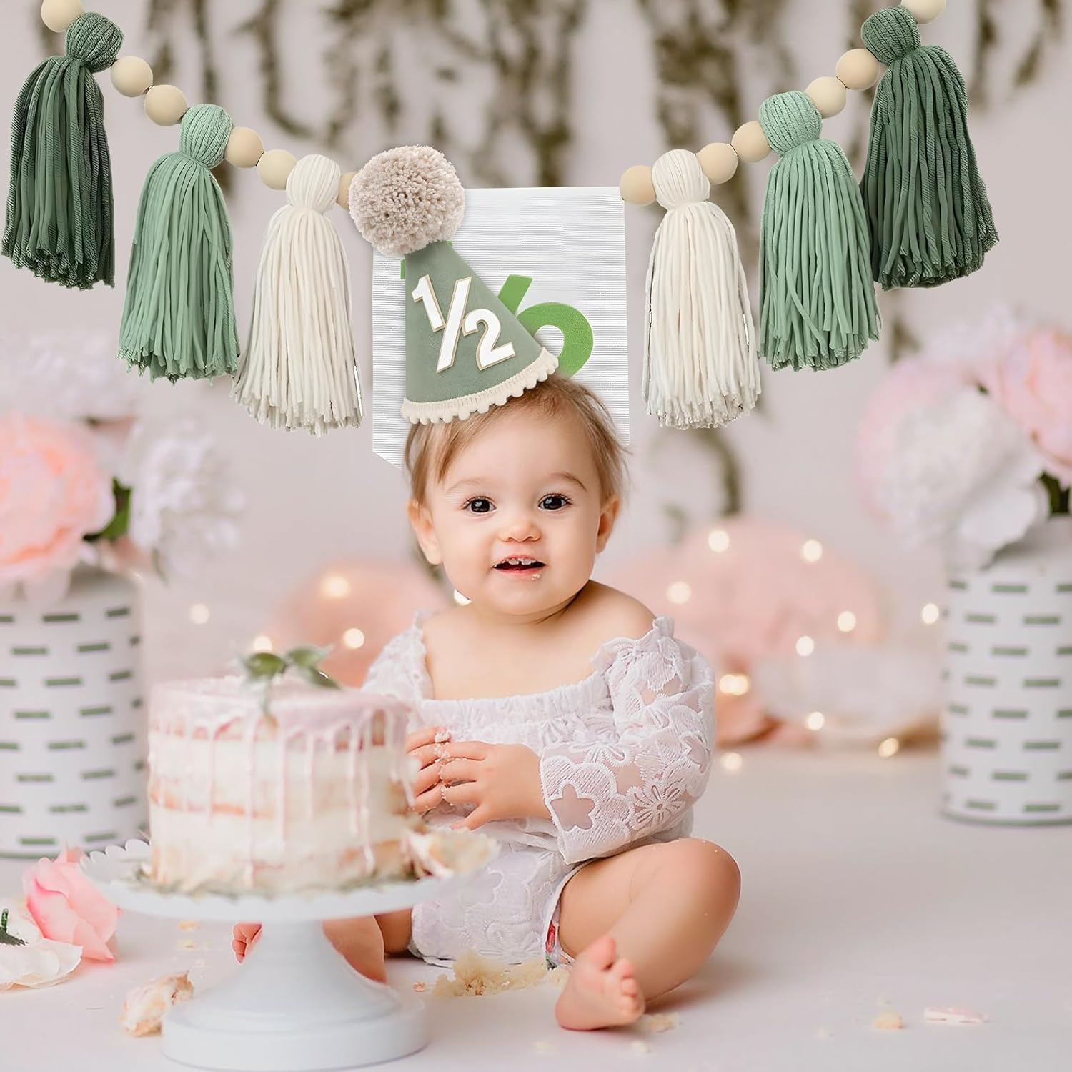 Half Birthday Hat for Baby, Includes Burlap 1/2 Year Old Party Hat and High Chair Banner for Boys & Girls, 6-Month Celebration, Photo Shoot & Birthday Party Decor image number 3
