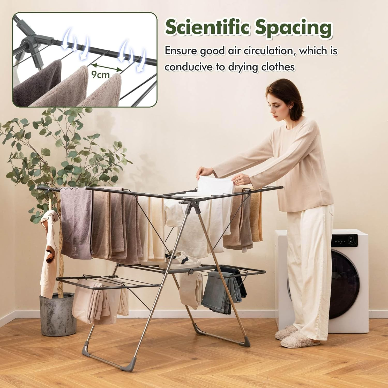 Giantex 2-Tier Clothes Drying Rack, Foldable Clothing Laundry Rack with 33 Drying Rails, Height Adjustable Gullwings, Sock Clips, Wave-Shaped Bars & Stainless Steel Legs, Indoor Outdoor Use image number 2