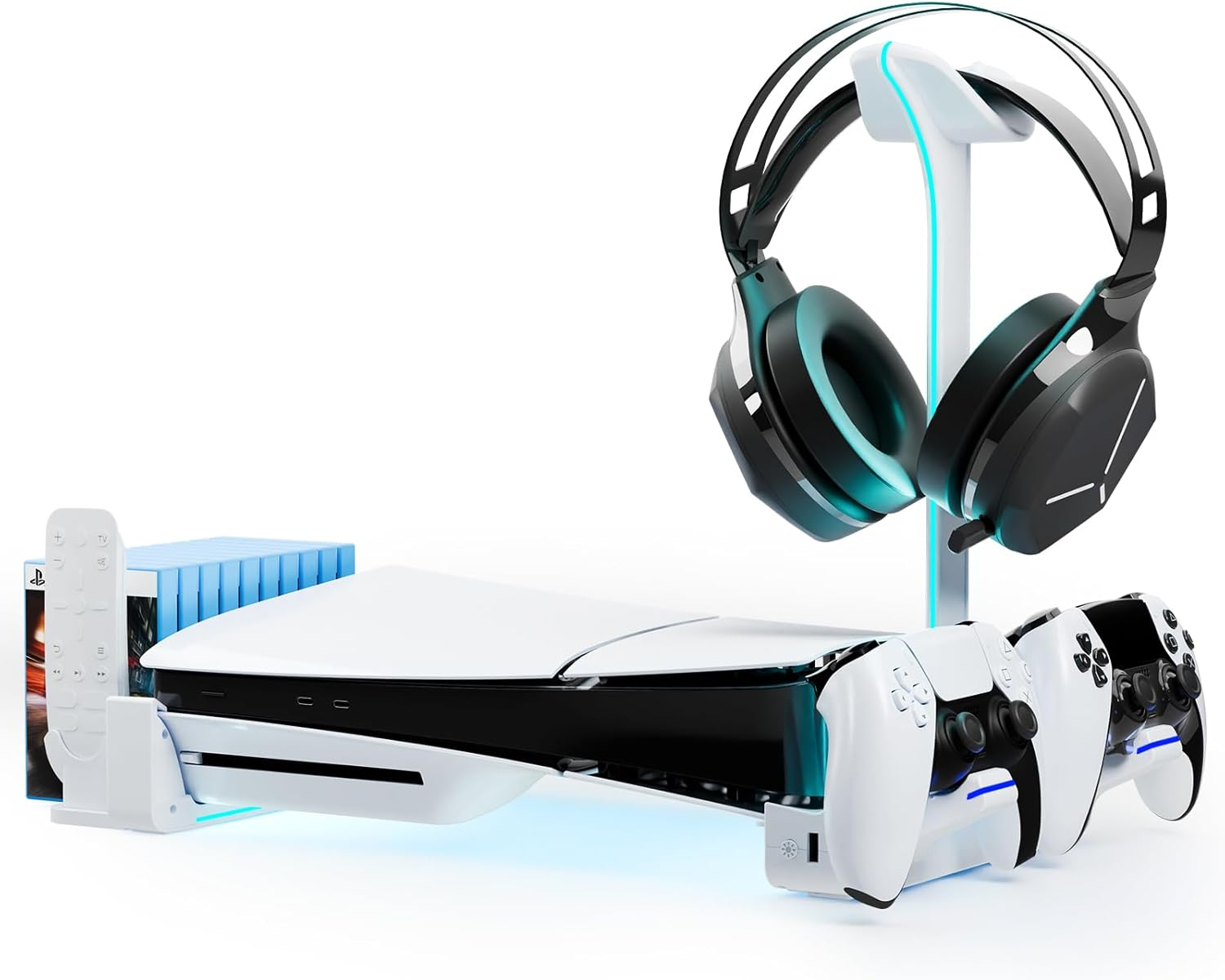 HONCAM Horizontal Stand for Ps5 Slim Disc & Digital Console, PS5 Slim Stand with Dual Controller Charger and 7 RGB Light, PS5 Slim Accessories for 2023 PS5 Slim Console (NOT Fit 2020 PS5), White image number 5