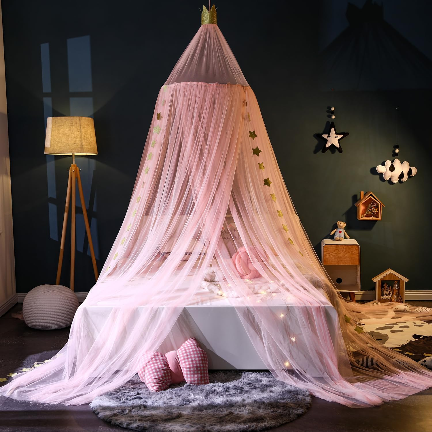 Crown Bed Canopy Mosquito Net with round Dome, Curtain Court Canopy with Stars Decor for Baby Crib, Kid Bed, Play Tent, Children Reading Nook Canopies Indoor, Hanging Bed Net Decoration (Grey)