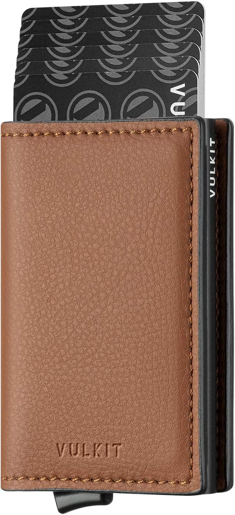 VULKIT Credit Card Holder RFID Blocking Leather Automatic Pop up Wallet Aluminum Slim Pocket Bifold Business Card Case