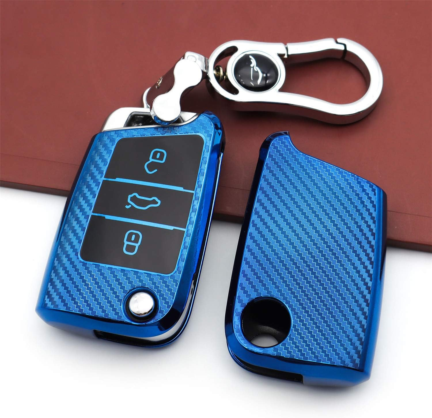 M.Jvisun Soft Carbon Fiber Finish Car Key Fob Cover for Volkswagen Atlas Golf Jetta Polo for Tiguan for Skoda Kodiaq Karoq for Audi A1 for Seat Ateca Leon Flip Key TPU Case with Keychain - Blue image number 1