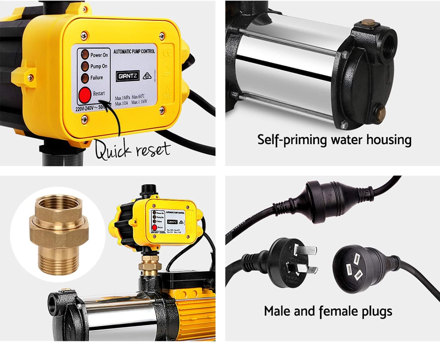 Giantz Water Pump, 2500W Max. 240V Electric High Pressure Garden Pumps Controller Irrigation for Pool Pond Rain Tank Home Farm Clean, Multi Stage Fully Automatic Anti-Rust Yellow image number 3