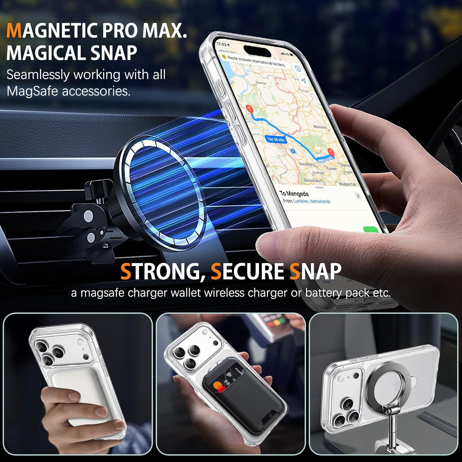DUEDUE Magnetic Case for Iphone 17 Pro Max 6.9" with 360&deg; Rotatable Ring Stand, [Compatible with Magsafe] Shockproof Slim Fit Thin Phonetransparent Full Protection Cover for Iphone 17 Pro Max, Clear image number 4