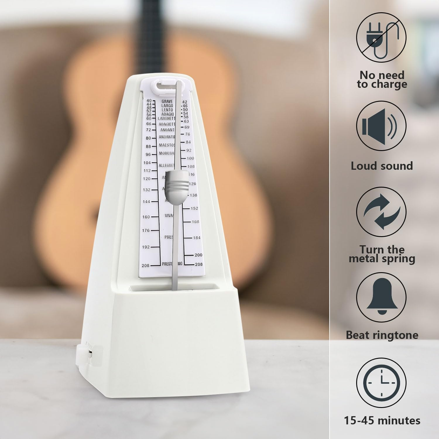 Mechanical Metronome,Universal Metronome for Piano Guitar Violin Bass Drum,High Precision Track Beat and Tempo (White) image number 4