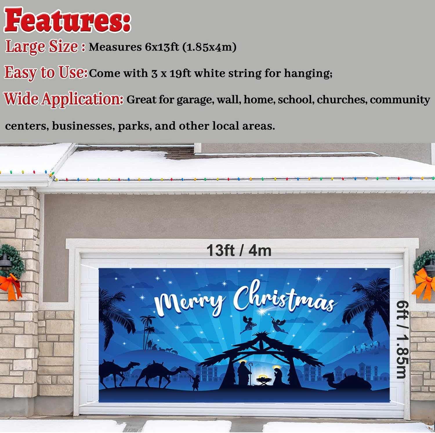 Gisgfim Outdoor Holy Nativity Christmas Holiday Garage Door Banner Cover Large Manger Scene Religious Blue 2023 Christmas Backdrop Decoration - Big Size 6X13Ft image number 6