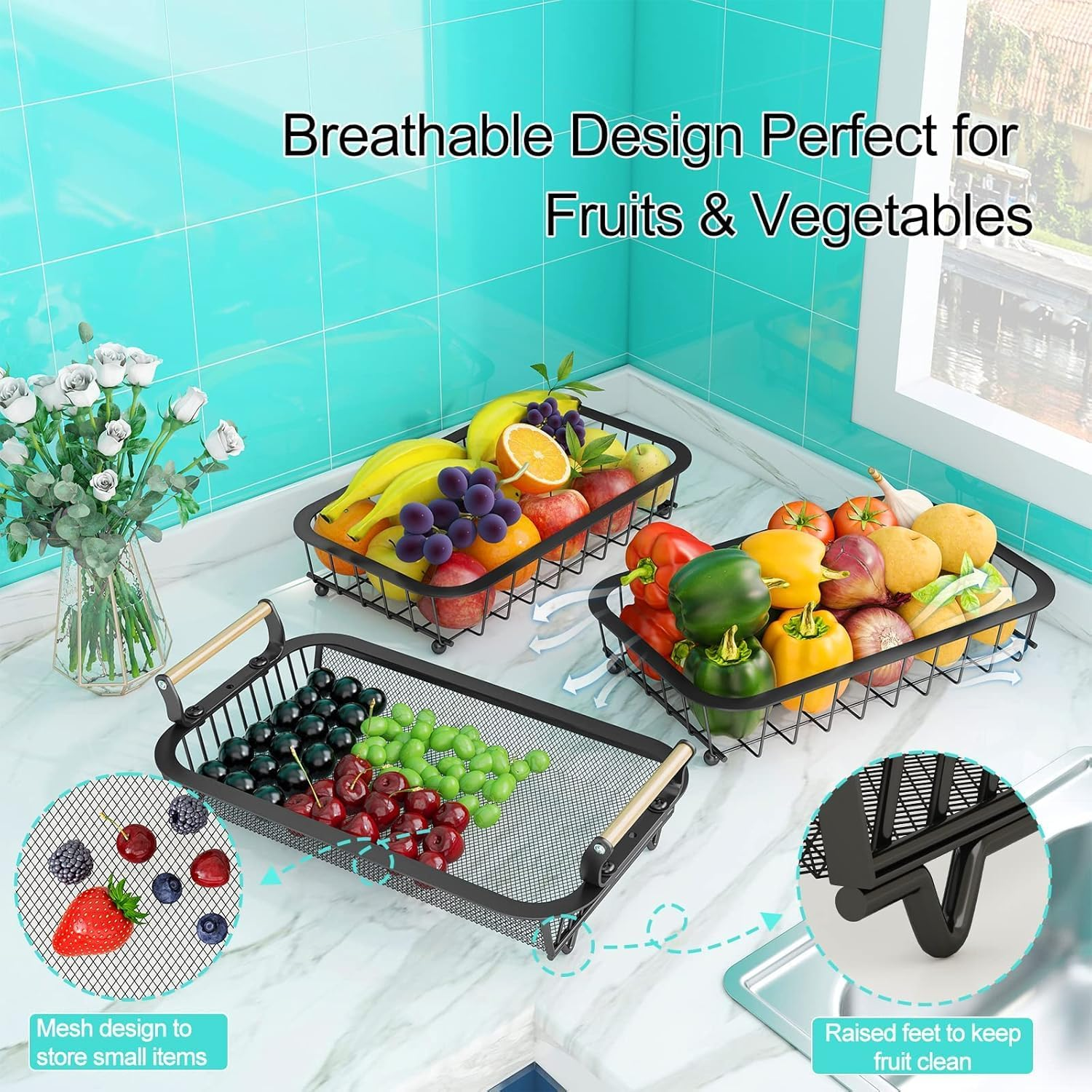 Fruit Basket, 3 Tier Fruit Bowl with 2 Banana Hanger, Kitchen Countertop Rack, Vegetable Counter Holder, Large Metal Bowls Perfect for Holding Fruits, Vegetables, Snacks, Cupcakes, Black image number 1