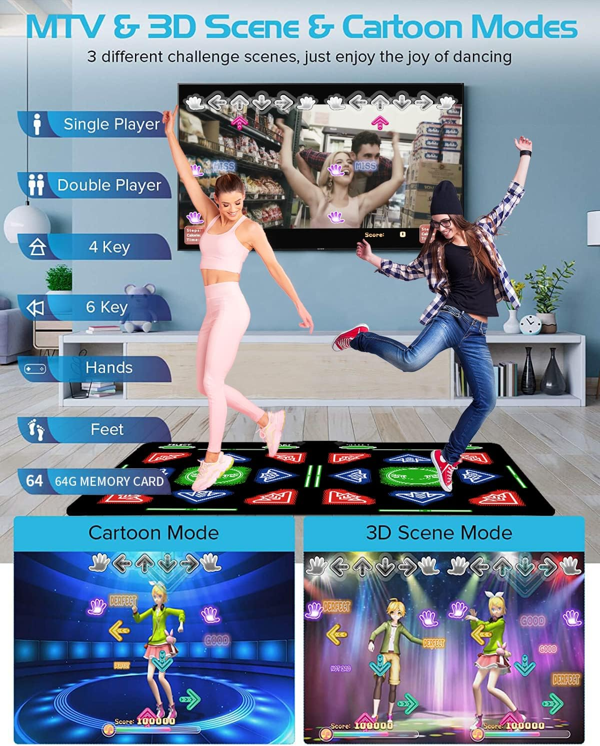 Music Double Dance Mat for Kids and Adults,64G Memory Card,Fitness Dance Games with Mv/3D/Cartoon Dance Mode, 1000Pcs Games and 885Pcs Songs 81Pcs MV for HDMI TV Fun Senior Flannel Materia image number 3