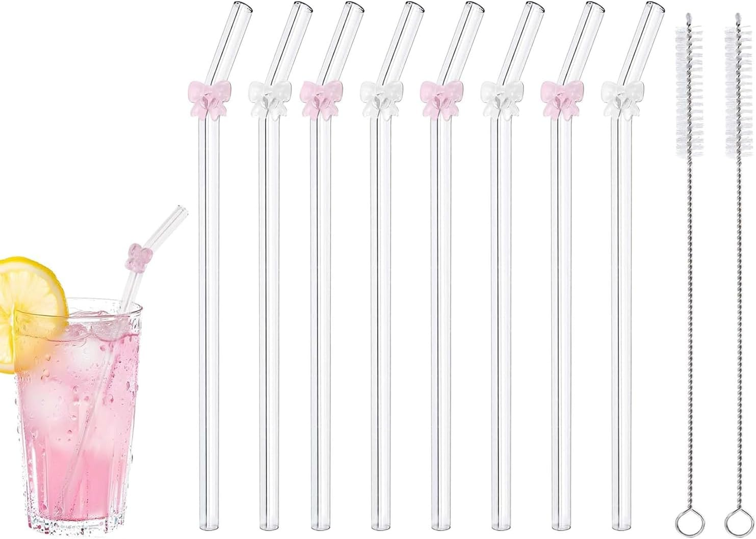 WADY 8 Pcs Reusable Glass Straws with 2 Cleaning Brushes - Colorful Shatter Resistant Drinking Straws, Dishwasher Safe for Juice/Smoothie/Tea, Eco Friendly Bow Design Straws image number 5