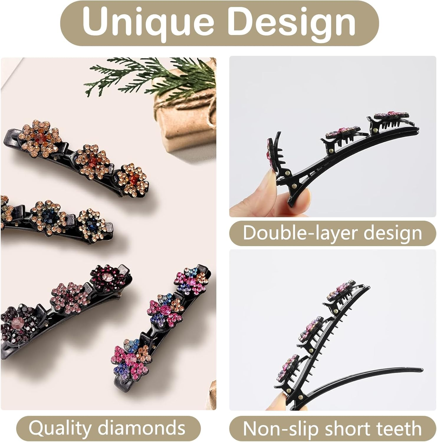 4 Sparkling Crystal Stone Braided Hair Clips, 3 Flower-Shaped Stones, Hair Accessories for Styling and Sectioning, Braided Duckbill Clips for Women and Girls. image number 4