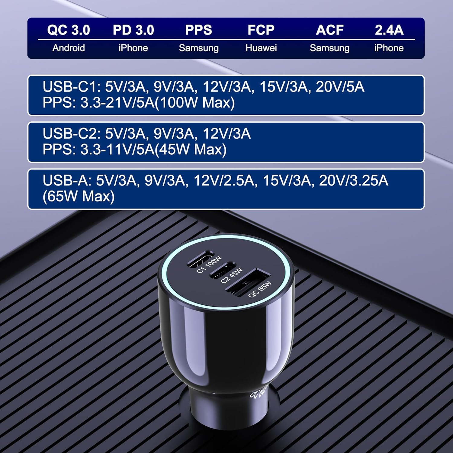 165W USB C Car Charger, 3-Ports PD 100W PPS 45W QC65W Super Fast Charging for Macbook Pro Air Iphone 16 15 Pro Max Ipad Samsung Galaxy S24/23 and More image number 3