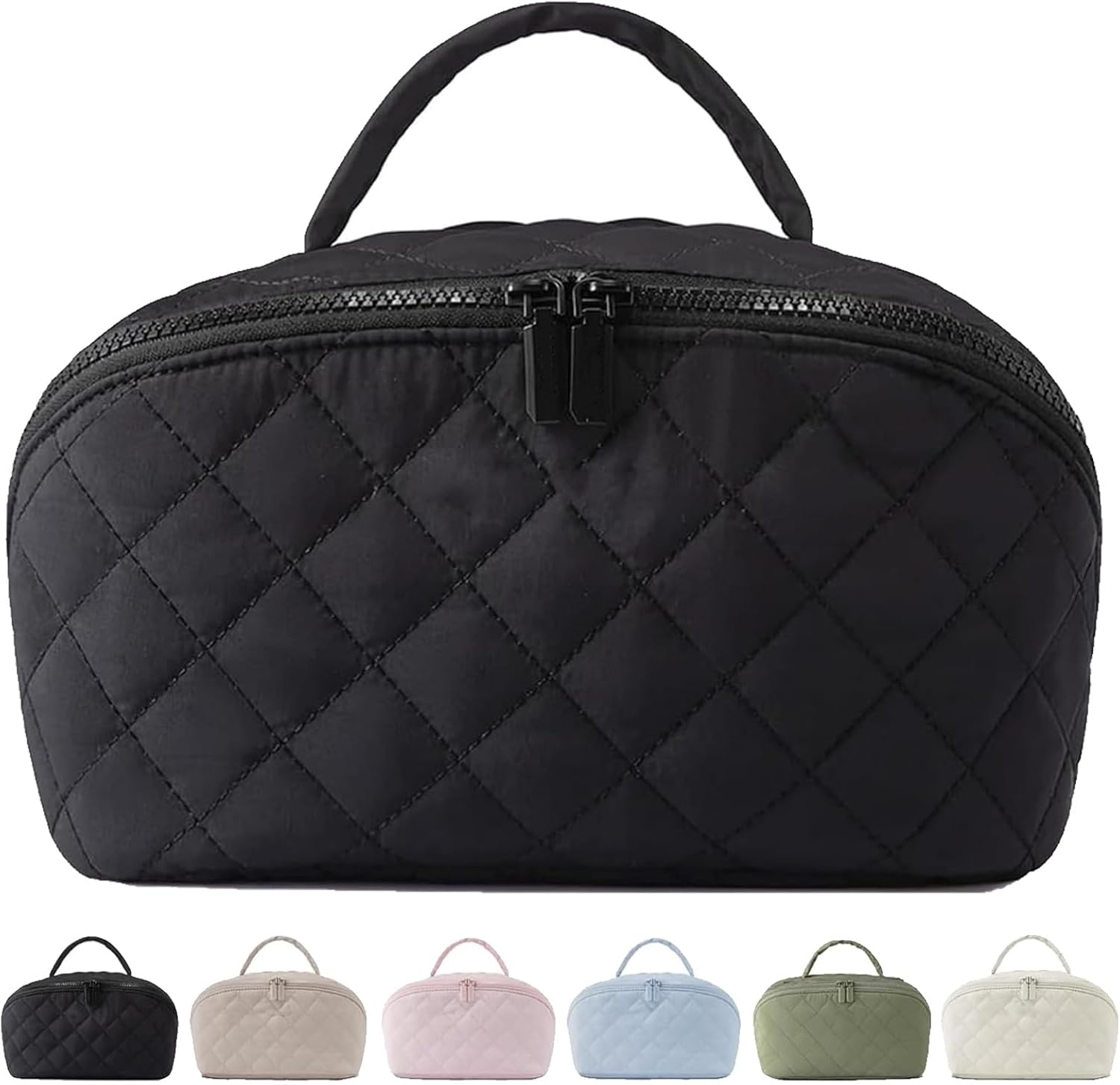 Petition Makeup Bag for Woman, Wide Open Lay-Flat Water-Resistant Cosmetic Case, Expandable Makeup Bag, Pouch Open Flat Small Toiletry Bags, with Brush Compartment, Handle (Blue)