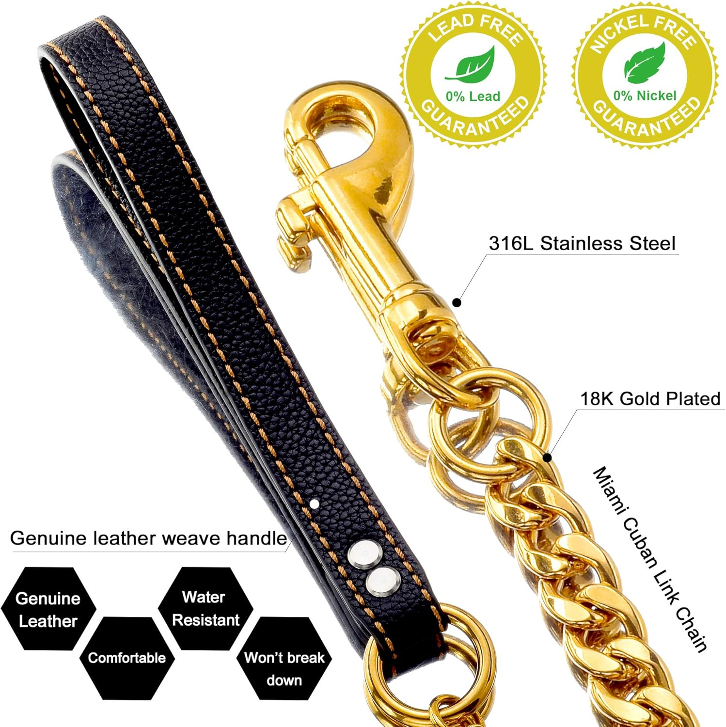 W&W Lifetime Heavy Duty Strong Stainless Steel Welding Figaro Chain Durable Dog Leash Walking Training Leads for Pitbull German Shepherd Large Dog Gold Tone image number 6