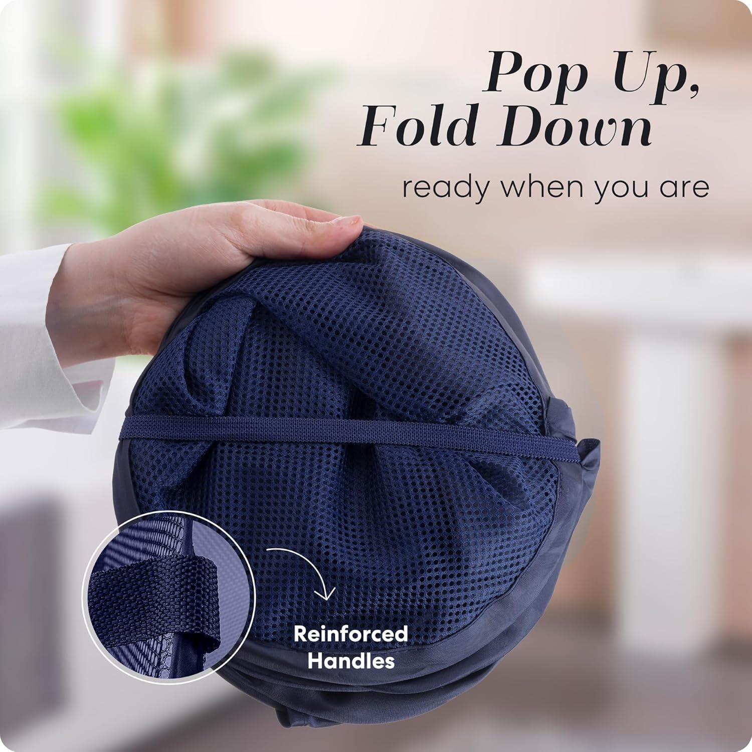 Collapsible Mesh Foldable Hamper 34X55Cm (Navy Blue, 34X55Cm)