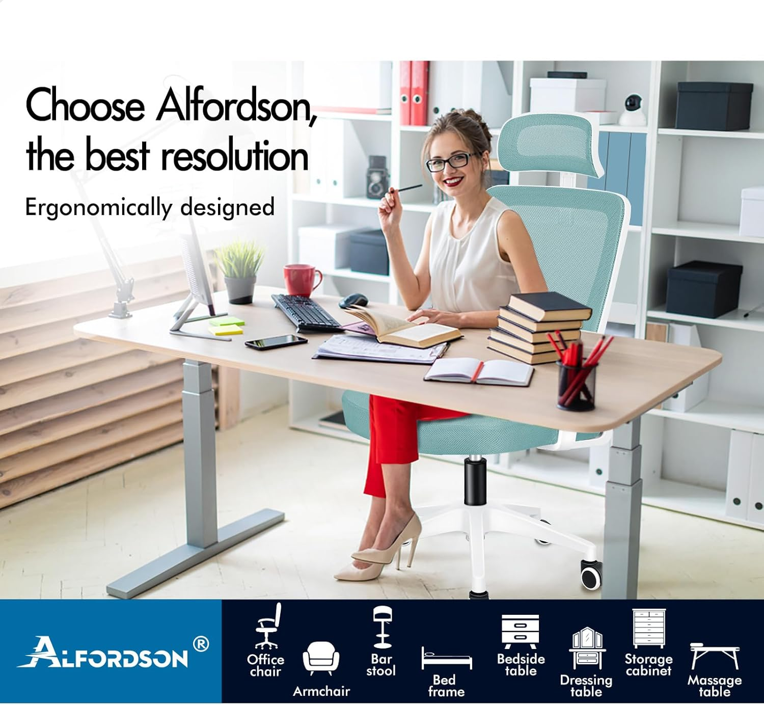 ALFORDSON Office Chair Mesh Computer Chair Swivel Executive Desk Chair with Adjustable Headrest and Armrest Arco Series(Cyan)