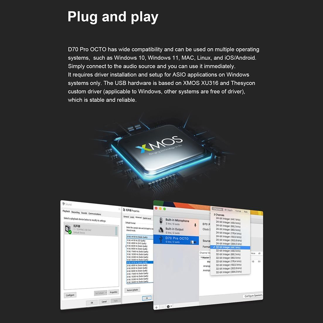 Topping D70 Pro OCTO Hi-Res DAC: 8X CS43198 Flagship Chips, Bluetooth5.1 Wireless Audio DAC, Usb/Aes/Bt/Opt/Coax Input XLR/RCA Output, Home Audio DA Converters, Preamp DAC with Color Display (Silver) - Black image number 7