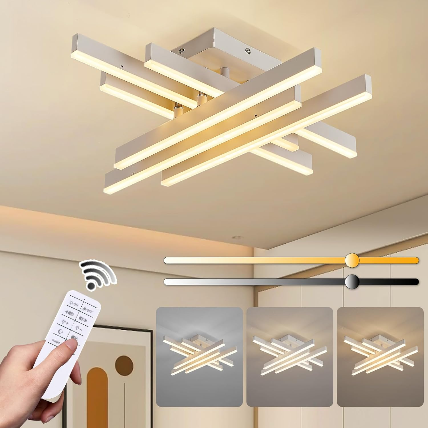 Modern LED Ceiling Light Fixture, Dimmable Black Flush Mount Ceiling Light with Remote, 60W Upgraded Square Bedroom Ceiling Lamp LED Chandelier for Living Room Kitchen Hallway,15.7'' image number 4