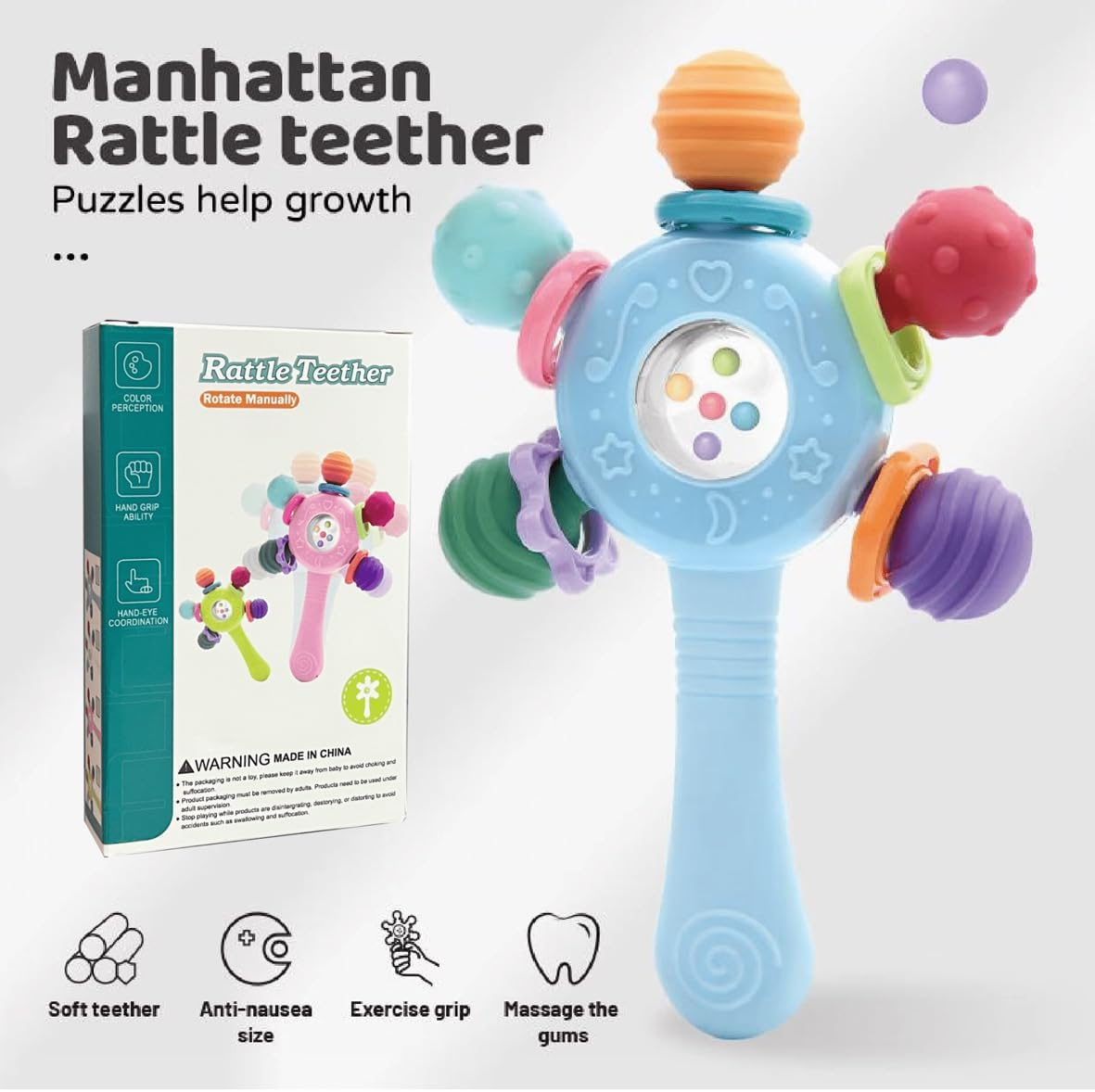 Baby Montessori Sensory Toys for 0-6 6-12 Months, Montessori Early Education Toy, Teething Toy for 3-6 Months, 6-12 Months, Rattle Stick Toy,Baby Rattle, Grasp Training Toy, Baby Teething Toys, Newborn Toys (Blue) - Blue image number 4