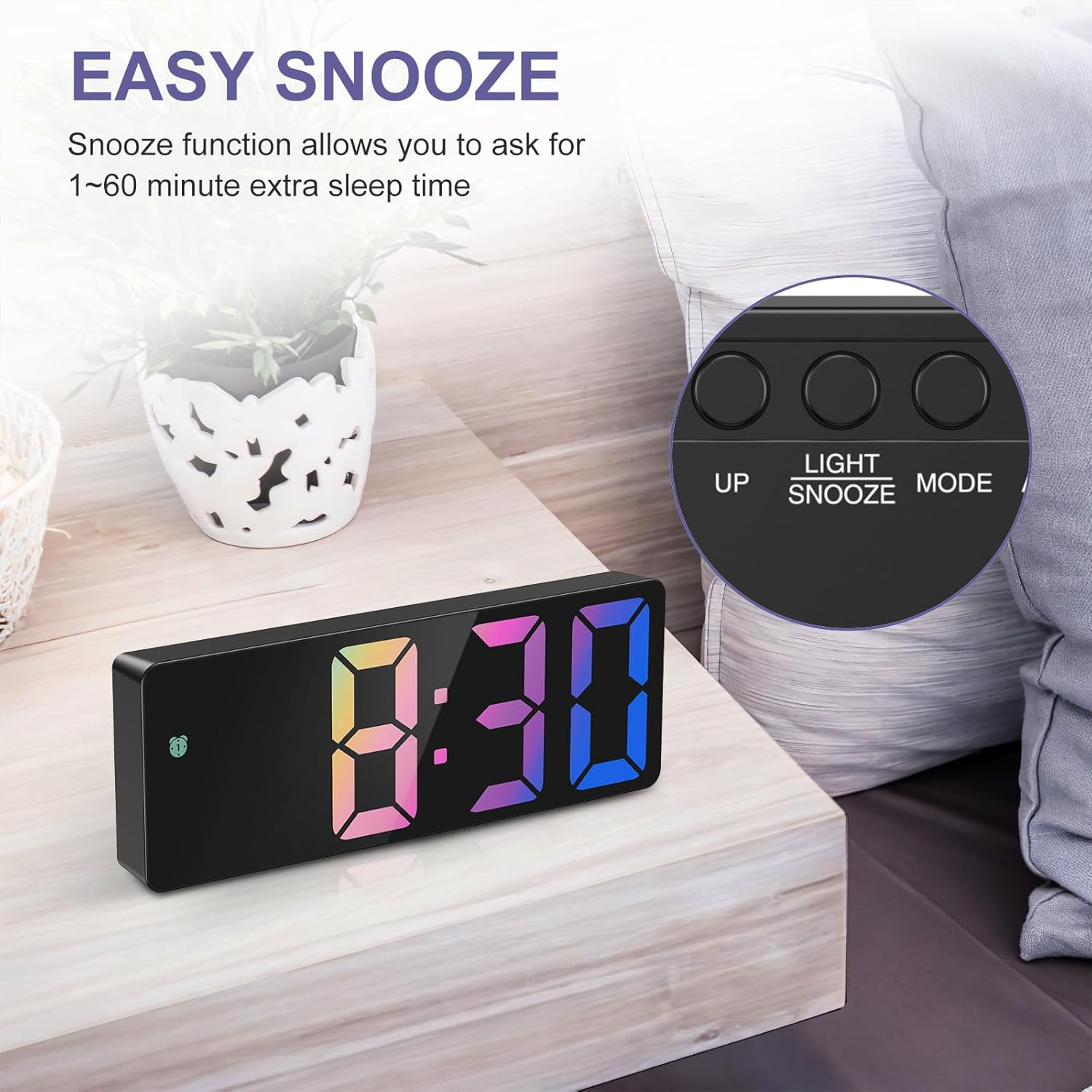 Digital Alarm Clock, Bedside Alarm Clocks with Colorful LED Display, Usb/Battery Powered Digital Clock with Voice Control, Snooze, Temperature, 3 Adjustable Brightness, Date for Heavy Sleepers