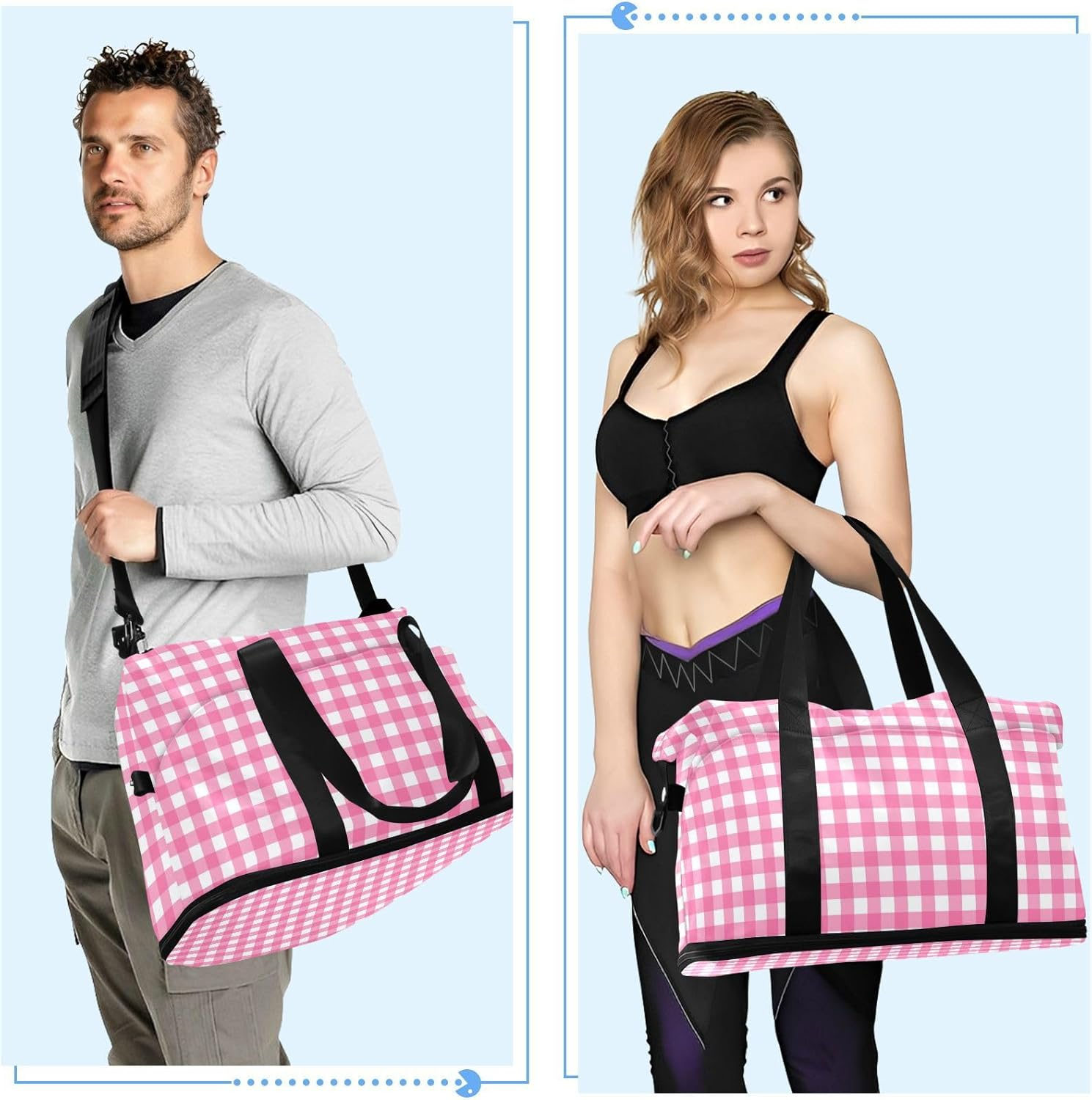 Pink and White Grid Large Bag Travel Weekender Gear Bag with Adjustable Strap for Business Trips Waterproof, Pink and White Grid, 1 Size image number 5