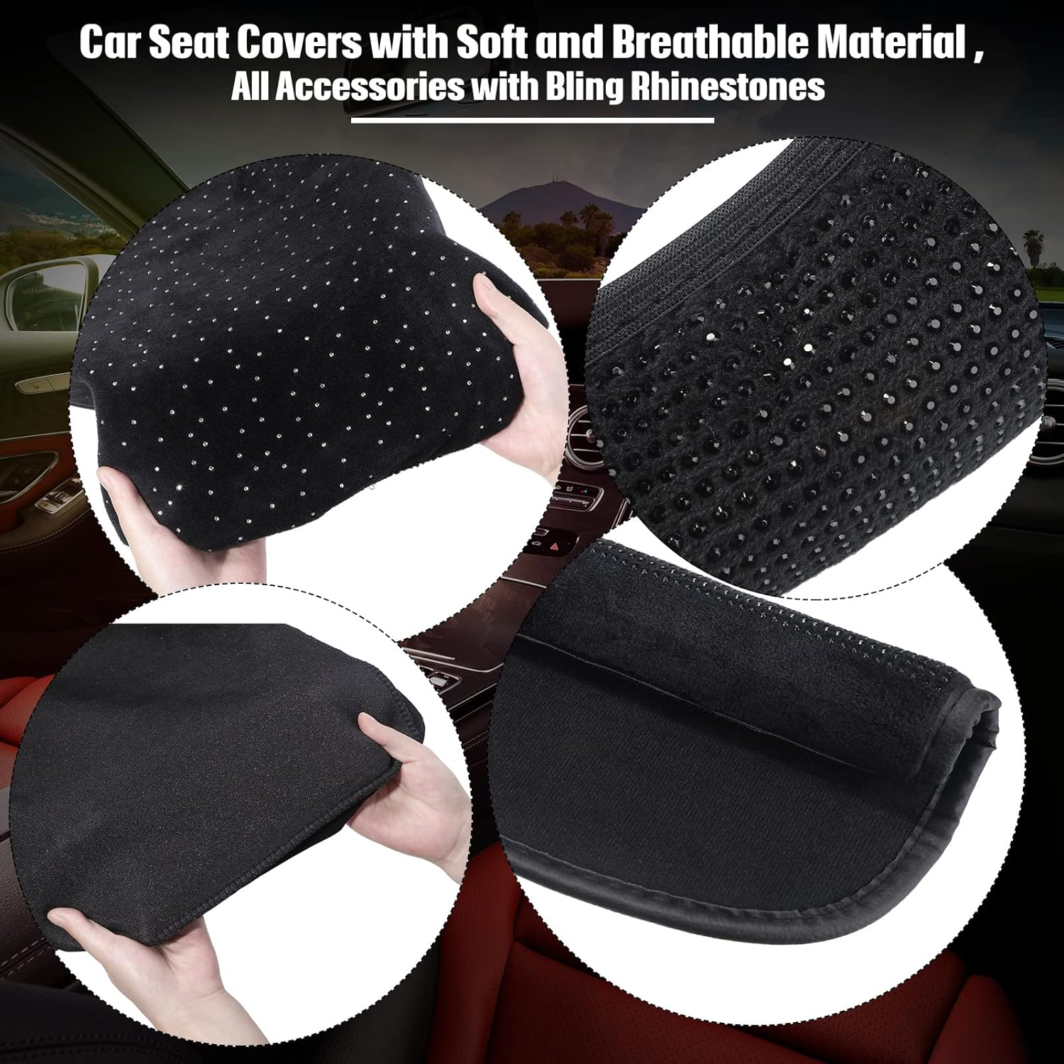 13 Pack Bling Car Seat Covers Set Car Diamond Accessories Rhinestone Crystal Steering Wheel Cover, Bling Velvet Breathable Glitter Center Console Pad Universal Car Interior (White) image number 5