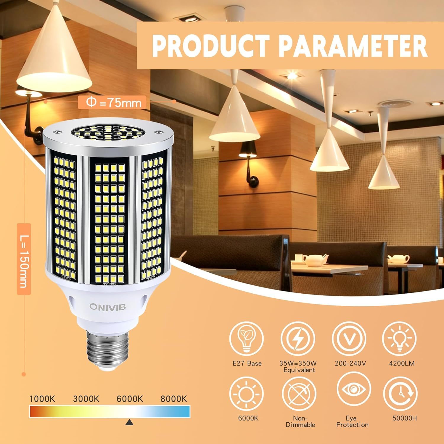 ONIVIB 35W LED Corn Light Bulbs, 4200 Lumens(350W Equivalent), 6000K Cool White E27 LED Corn Light Bulbs for Large Area Lighting, Garage, Warehouse, Factory, Office (2 Pack) image number 5