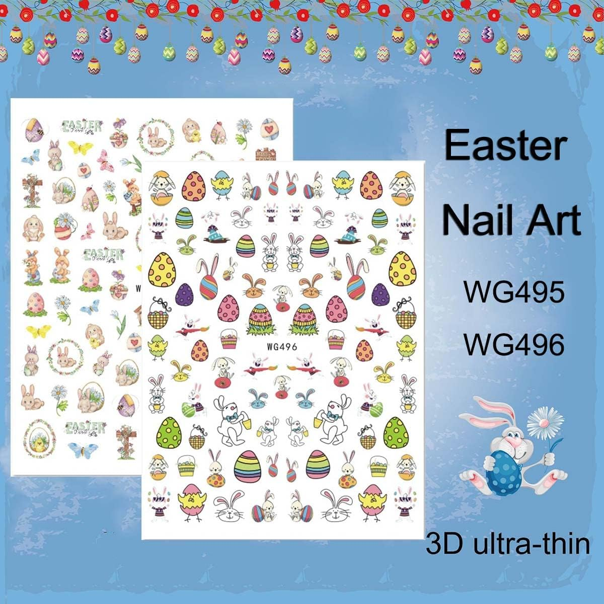 Easter Nail Art Stickers Decals, 3D Self-Adhesive Cartoon Bunny Egg Chicken Nail Decals for Women Girls Easter Day DIY Nail Decoration 6 Sheets - Purple image number 6