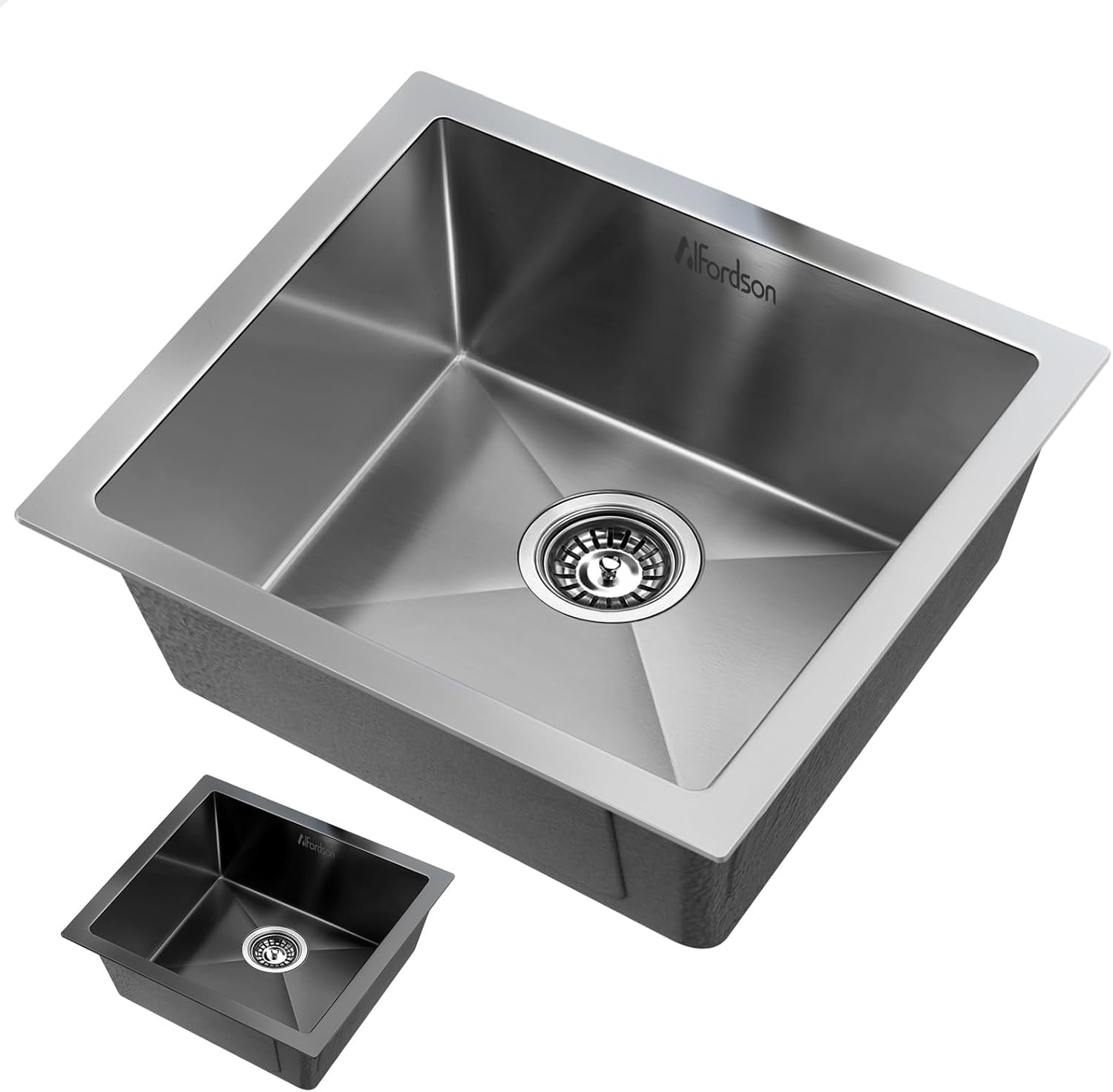 ALFORDSON 304 Stainless Steel Kitchen Sink Square Shape, 440 X 440 X 205Mm, Water Basin Sinks with 3Mm Thick Edge, Single Spacious Bowl with Waste Strainer, Dishwashing Workstation, Black Colour