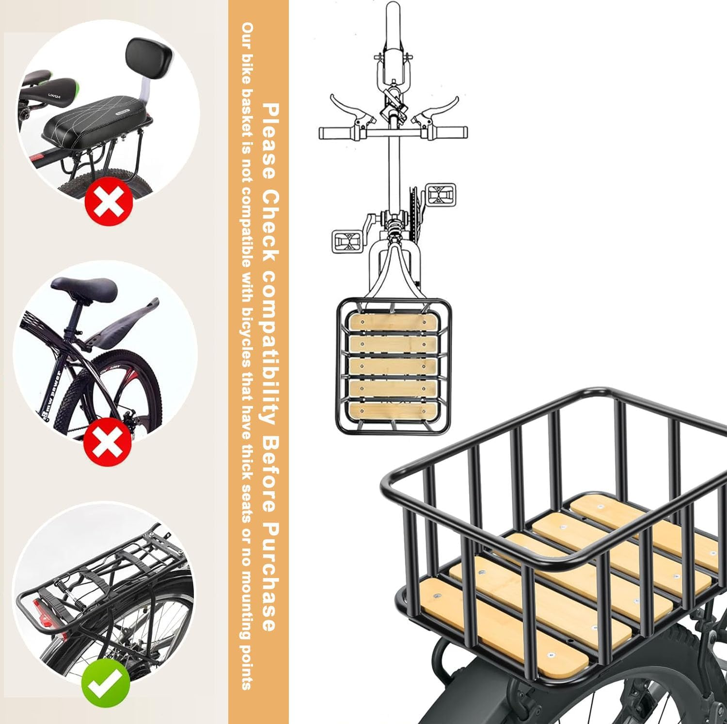 Heavy Duty Rear Bike Basket with Waterproof Cover & Cargo Net - 35X30X17Cm Rust-Resistant Metal Basket, Wooden Base for Bicycles/E-Bikes/Pets image number 6