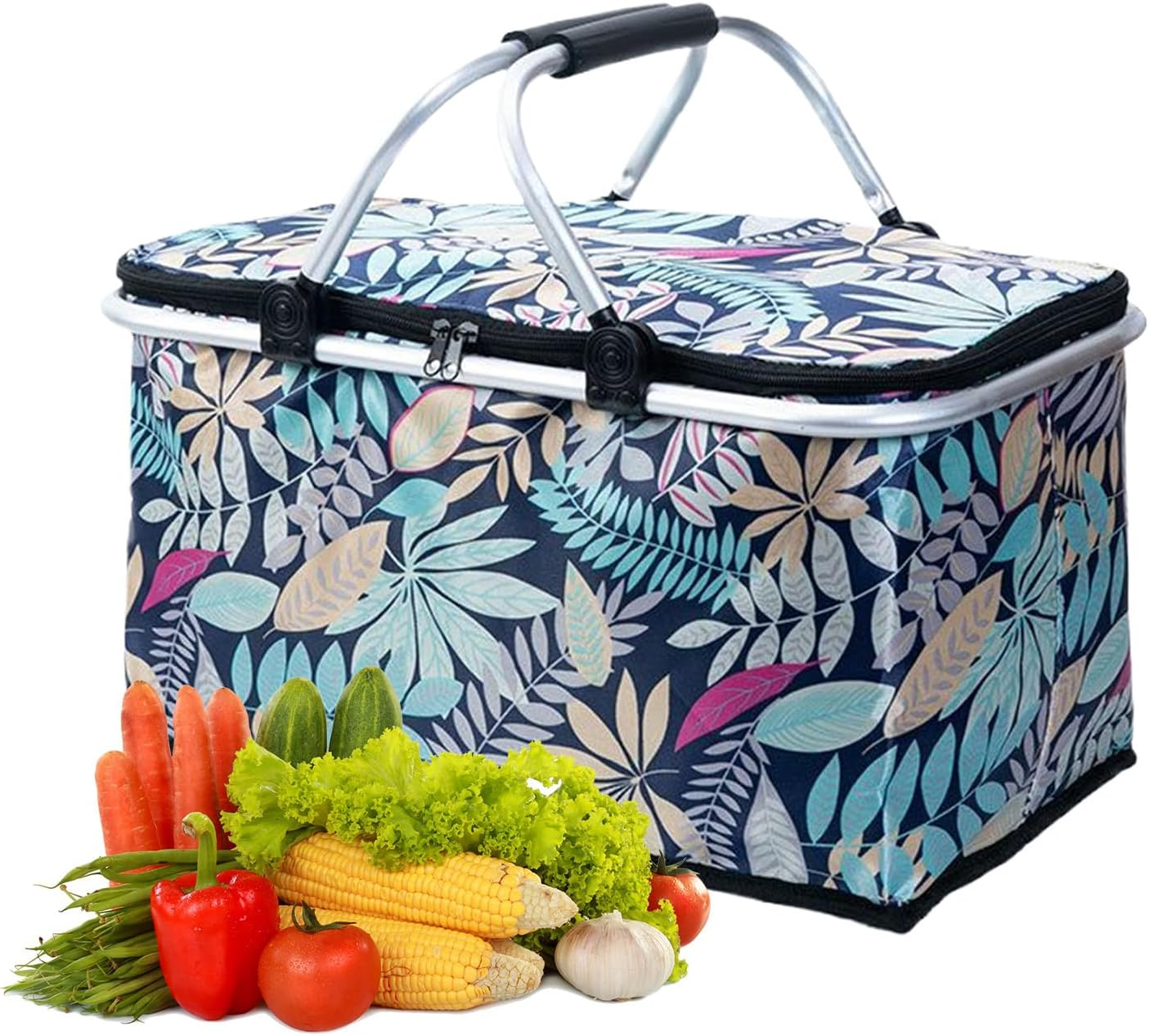 Grocery Baskets with Handles | Foldable Basket Shopping Bags with Handles,Cooler Bag Storage Organizer for Picnic Camping Women Family Retail Fishing Outdoor Road Trip