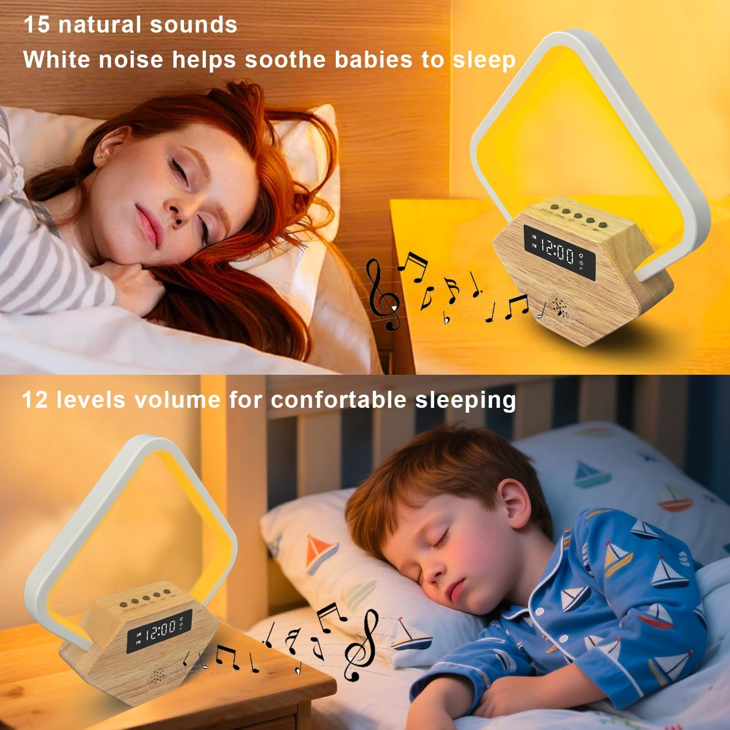 Xunhomon Sunrise Alarm Clock for Bedrooms Heavy Sleepers 15 Sleep Sounds White Noise Machine Baby 3 Color Table Lamp 10 Ringtones for Audit with QC3.0 & PD22.5W USB C Fast Charger image number 6