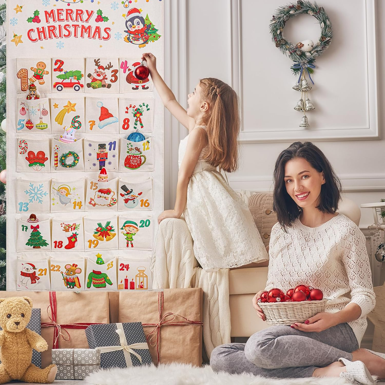 HOWAF Fabric Christmas Advent Calendar (Countdown to Christmas), 24 Days Mystery Christmas Countdown Calendar with 24 Pockets for Xmas Holiday Home Wall Decoration image number 1