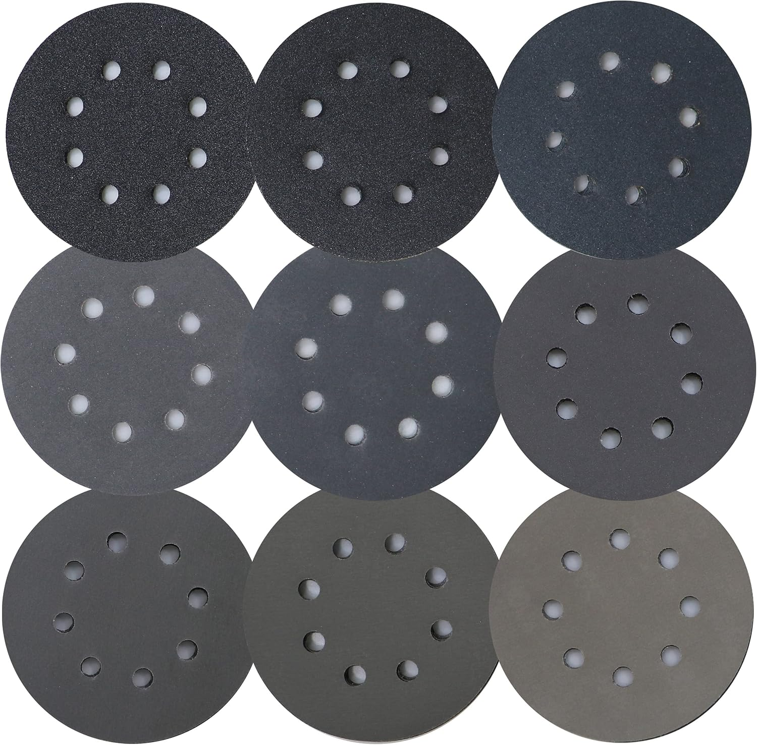 Piowio 50 Pcs 5 Inch 8 Holes Sanding Discs 120 180 240 320 400 600 800 1200 1500 2000 Compatible for Random Orbital Sander (#120 - #2000 Each Grit 5 Pcs Black)
