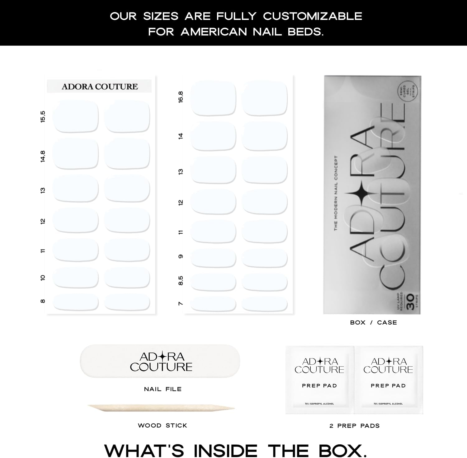 Adora Couture Semi Cured Gel Nail Strips with 30 Pieces - UV Gel Stickers, Manicure Kit, Easy Application Wraps Includes Prep Pads, Nail File, Wooden Stick - UV Light Required (Simple White) image number 1